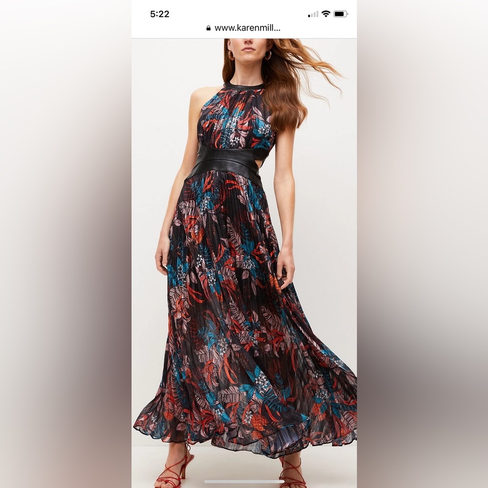 Karen Millen maxi halter dress with faux leather cutouts. Stunning fabric!